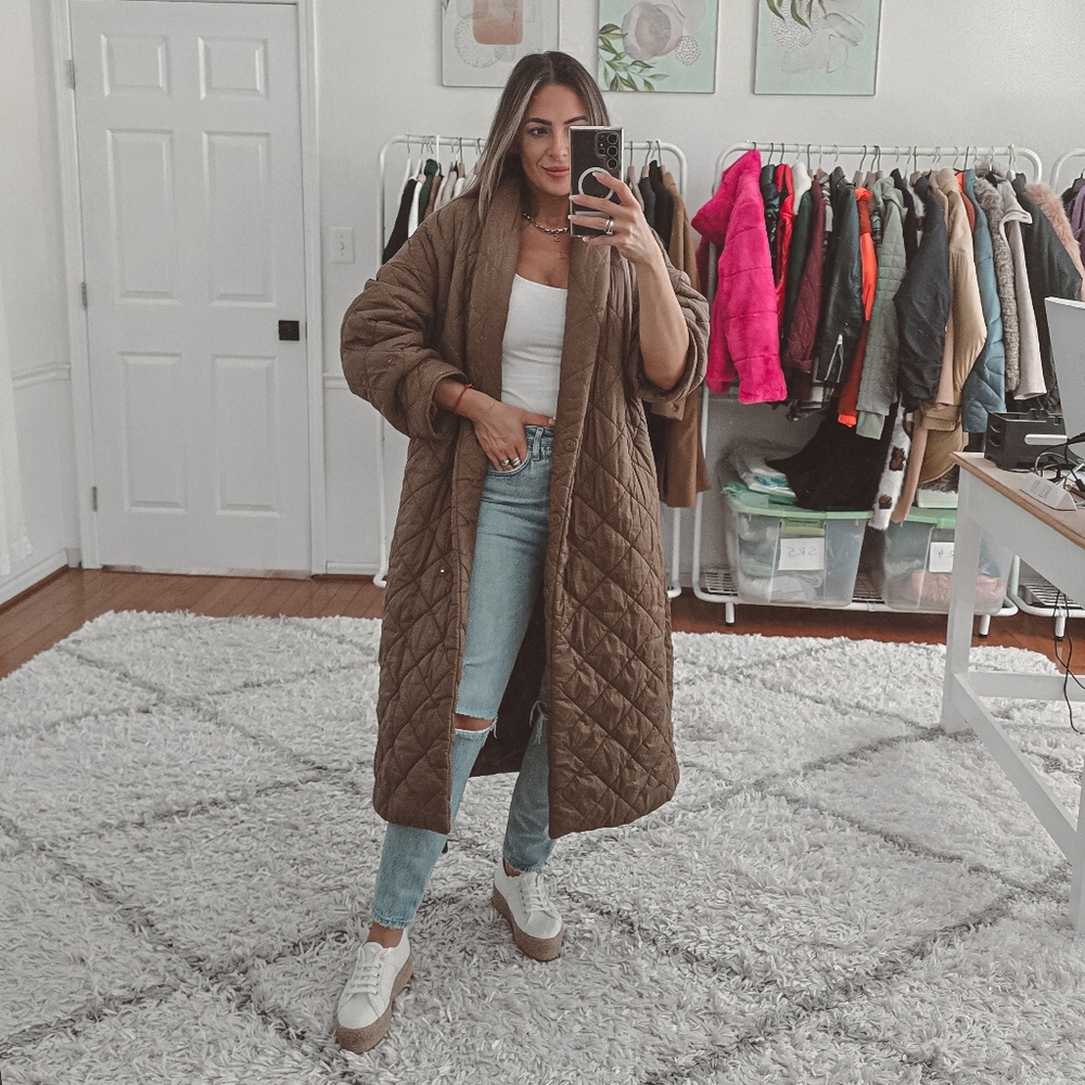 Mango brown quilted belted long coat size M - Picture 4 of 12